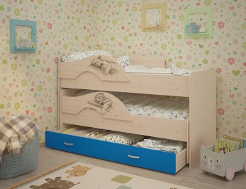 Кровать выкатная Радуга-Сафари детская 1600 Млечный дуб/Голубой в Верхоянске - verhoyansk.mebel54.com | фото