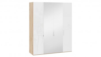 Шкаф комбинированный с 2 глухими и 2 зеркальными дверями «Эмбер» Яблоня Беллуно/Белый глянец в Верхоянске - verhoyansk.mebel54.com | фото